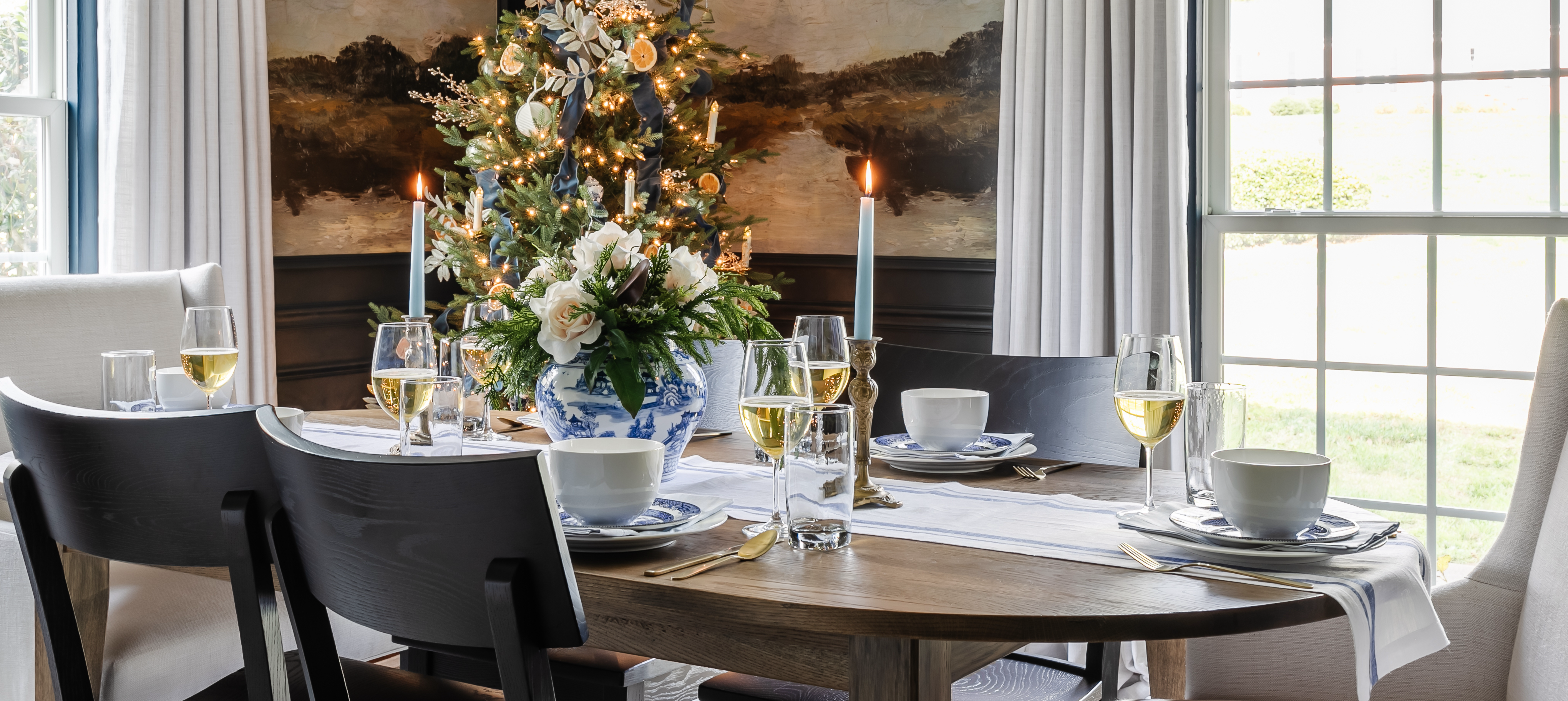 BenchMade Dining Table Shown in Great Room with Upholstered Dining and Accent Chairs